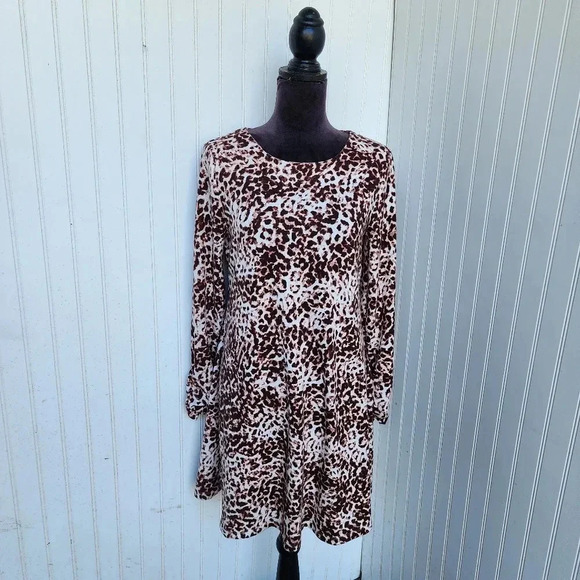 Versona Women's Brown Leopard Animal Print Stretch Dress Long Sleeve Sz S - Picture 1 of 11